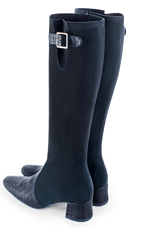 Navy blue women's knee-high boots with buckles. Round toe. Low flare heels. Made to measure. Rear view - Florence KOOIJMAN